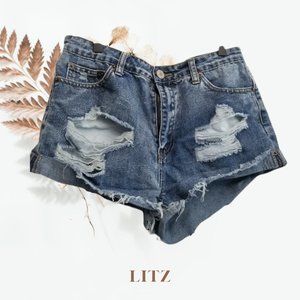 Litz Destroyed Distressed High Waist Denim Shorts